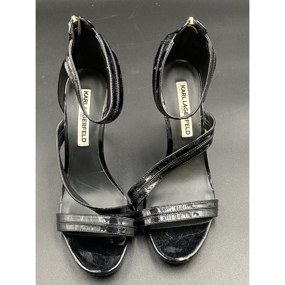 Karl Lagerfeld Paris Kyra Womens Sz 8.5M/39B Black Patent Leather Strappy Heels